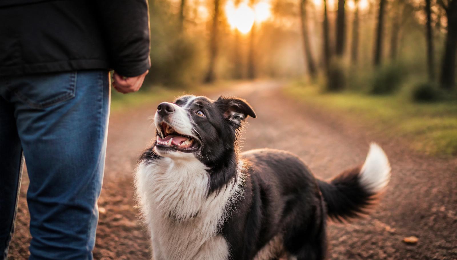 Happy border collie in golden light